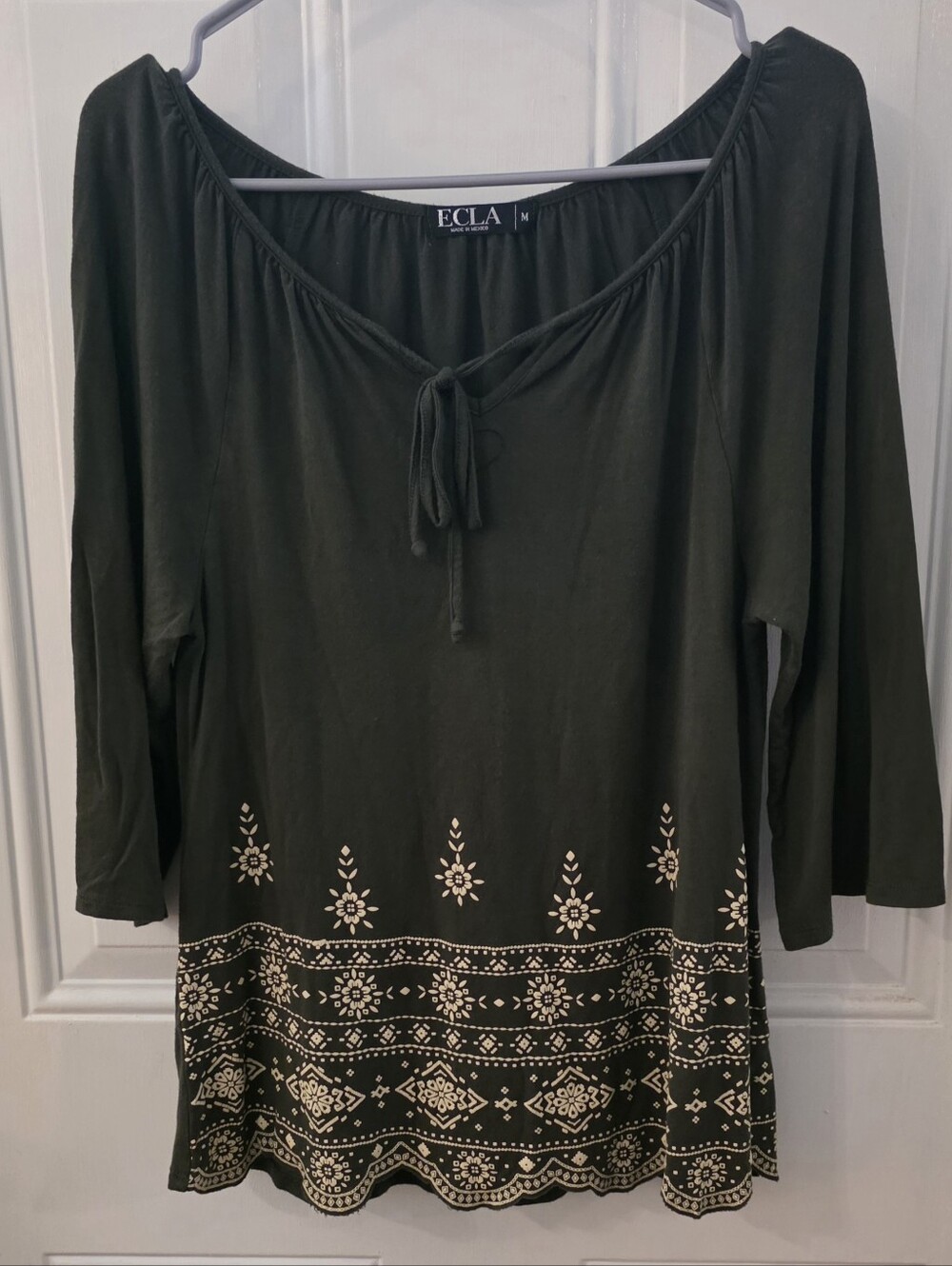 Olive Green Peasant Tunic Top with Cream Border Print